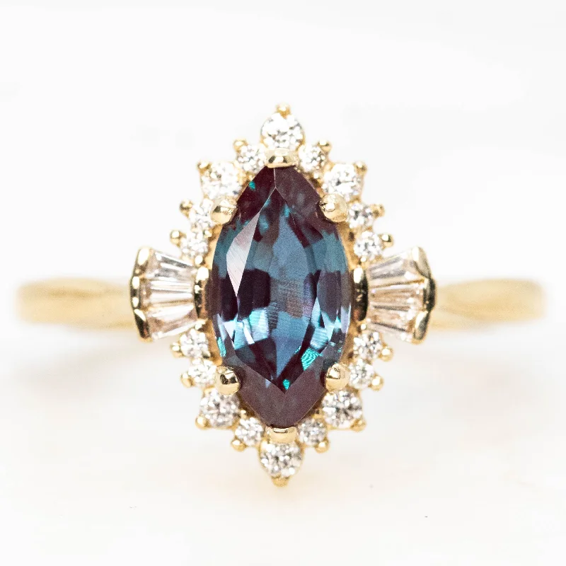 women's engagement rings with diagonal diamond accents -Meghan Ring with a 1.40 Carat Lab Grown Marquise Alexandrite and White Accent Diamonds in 14k Yellow Gold - Ready to Size and Ship