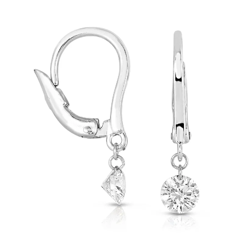 women's earrings with contemporary finish -14K White Gold Round Drilled Diamond Dangle Earrings