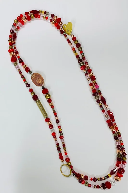 women's necklaces with diamond accents -Long red glass & metal beads