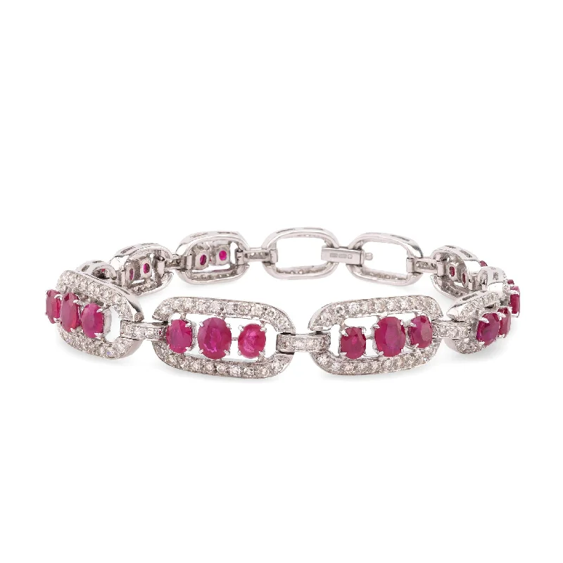 women's bracelets with aquamarine -Mid Century GIA 8.2 Carat Total Weight Ruby Diamond 14K White Gold Bracelet