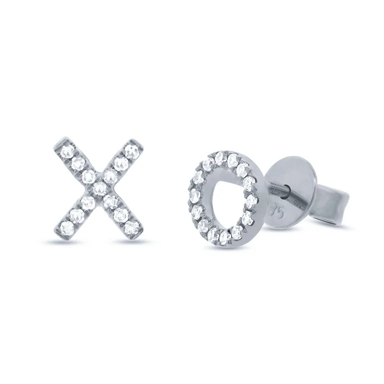 women's earrings with statement look -14K White Gold Diamond "XO" Stud Earrings