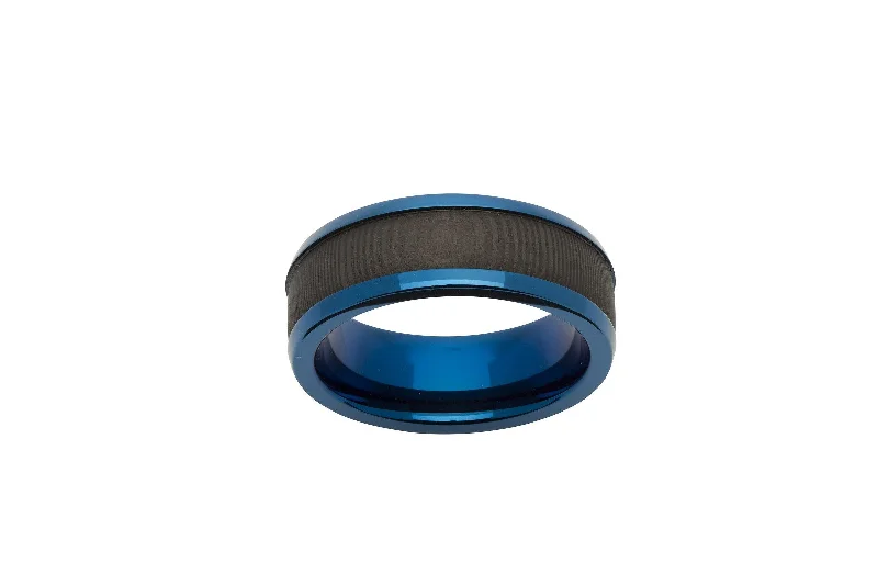 women's rings with colored diamonds -Unique & Co Carbon Fibre and Blue IP Steel Ring