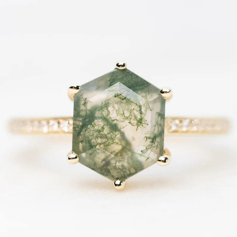 women's engagement rings with filigree design -Imani Ring with a ~2.30 Carat Elongated Hexagon Moss Agate and White Accent Diamonds in 14k Yellow Gold - Ready to Size and Ship