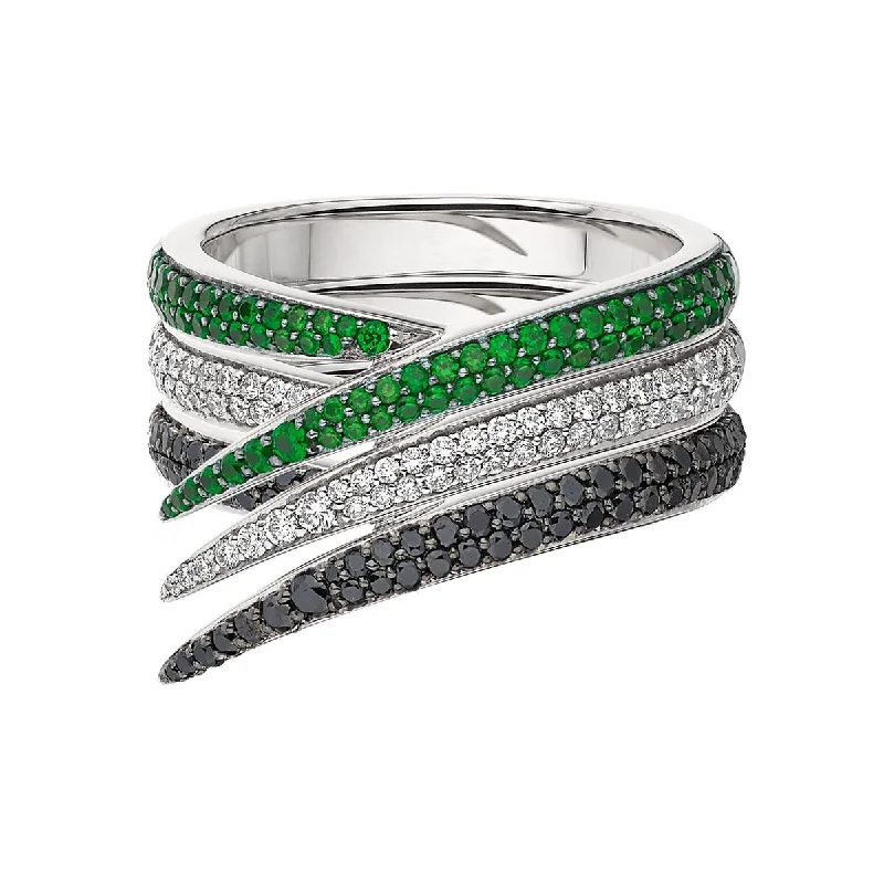 women's engagement rings with mixed metal band -Interlocking Stacked Ring - 18ct White Gold & Black, White Diamond and Tsavorite