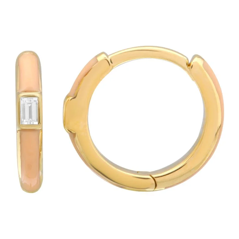 women's earrings with contemporary finish -14k Yellow Gold Blush Enamel & Diamond Huggie Earrings