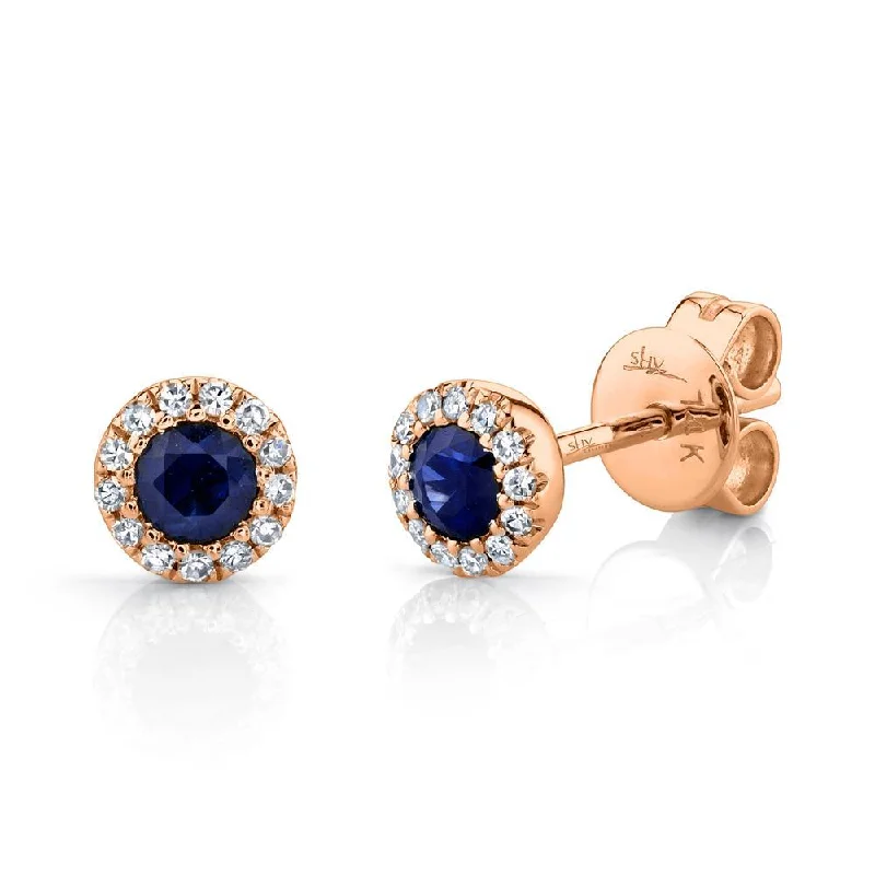 women's earrings with aquamarine -14K Rose Gold Diamond + Blue Sapphire Earrings