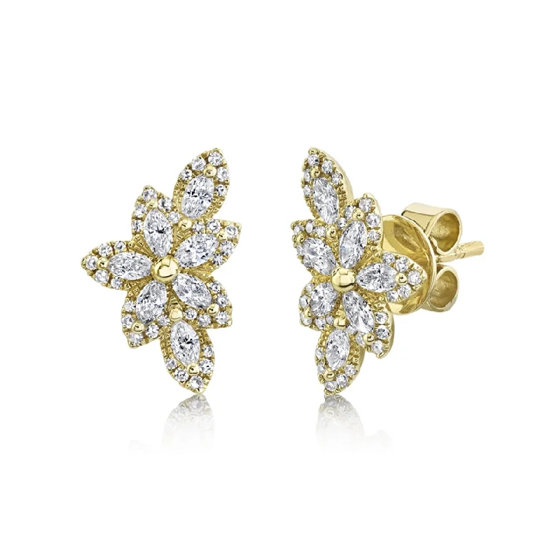 women's earrings with amethyst -14K Yellow Gold Diamond Flower Stud Earring