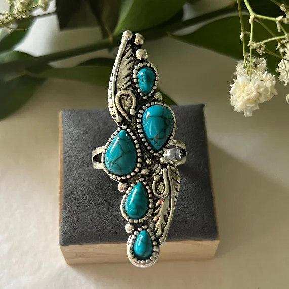 women's rings with chunky band -Turquoise Stone Vintage Feather Ring