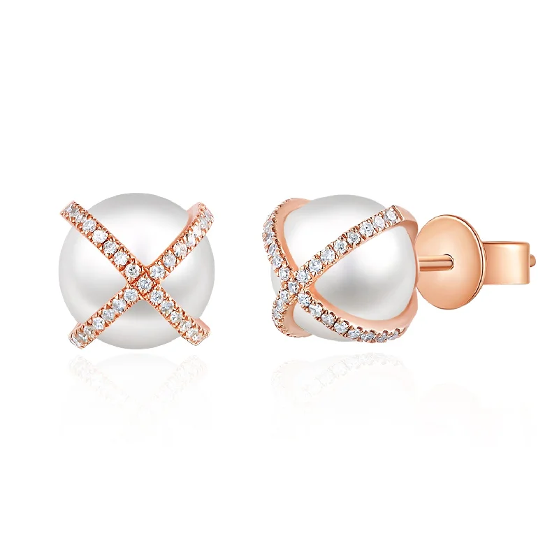 women's earrings with layered hoops -14K Rose Gold Diamond X + Pearl Earrings