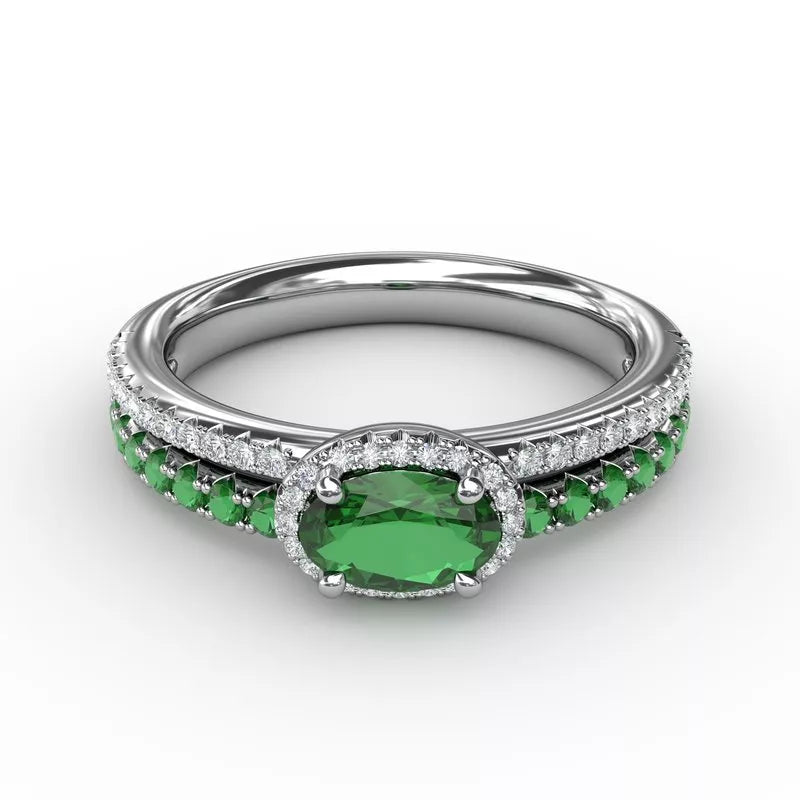 women's engagement rings with gemstone accent -Emerald and Diamond Double Row Ring R1719E