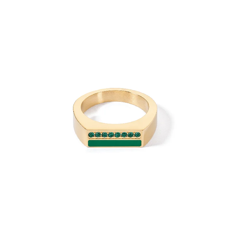 women's rings with sparkling band -Coeur De Lion Gold and Green Crystal Stripes Square Ring