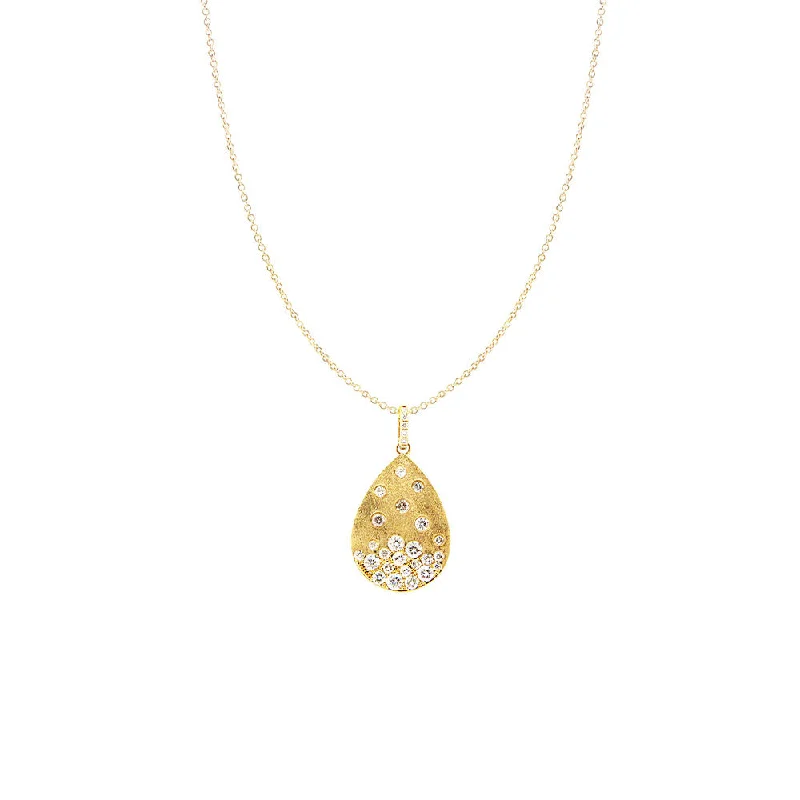 women's necklaces with crystal accents -14 Karat Yellow Matte Gold Pear Pendant with Diamonds