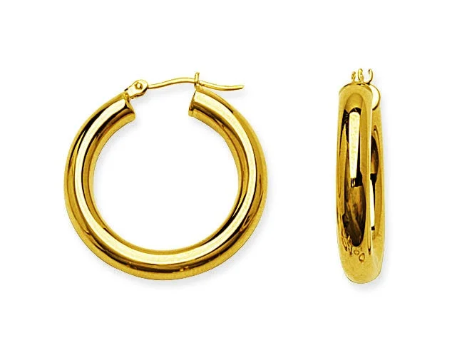 women's earrings with dainty chains -14K Yellow Gold Round Tube Polished 4mm Hoop Earrings