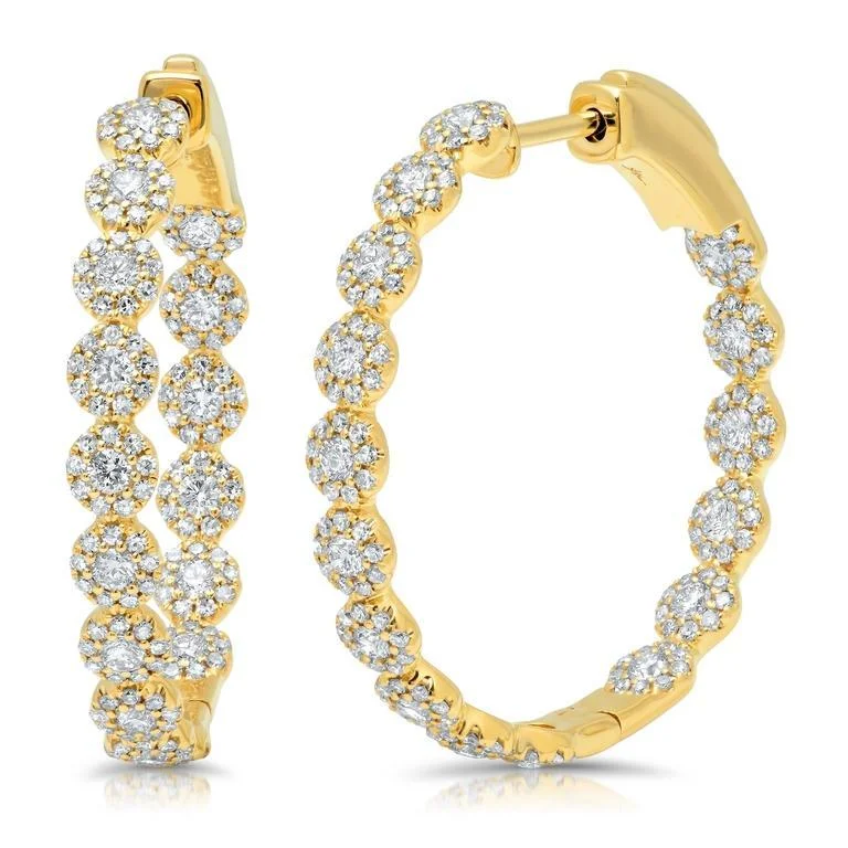 women's earrings with three-stone setting -14K Yellow Gold Diamond Halo Hoop Earrings