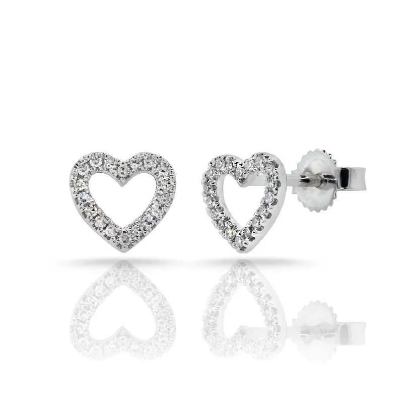 women's earrings with sparkling crystals -14K White Gold Diamond Open Heart Stud Earrings