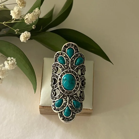 women's rings with dainty band -Turquoise Stone Vintage Peacock Ring