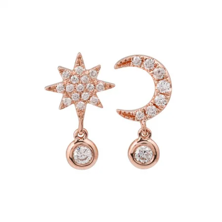 women's earrings with cubic zirconia -14k Rose Gold Moon & Star Diamond Stud Earrings