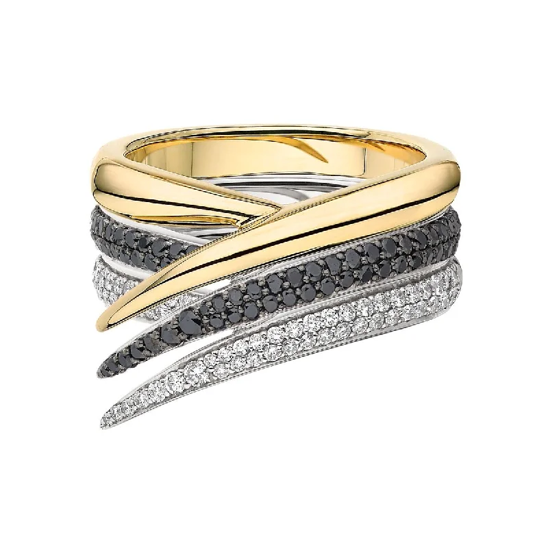 women's engagement rings with hidden halo -Interlocking Stacked Ring - 18ct Yellow Gold & Black and White Diamond