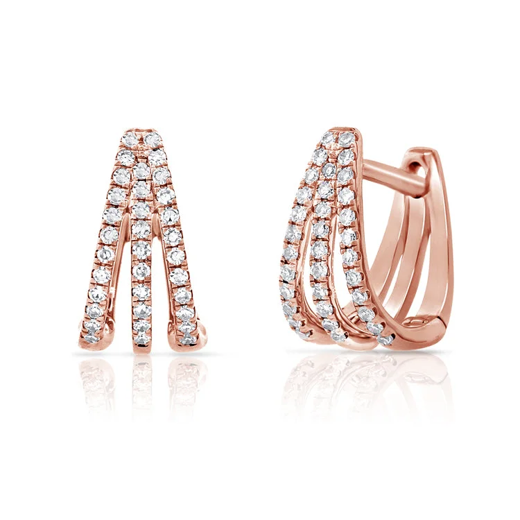 women's earrings with stud setting -14K Rose Gold Diamond Split Huggie Earrings