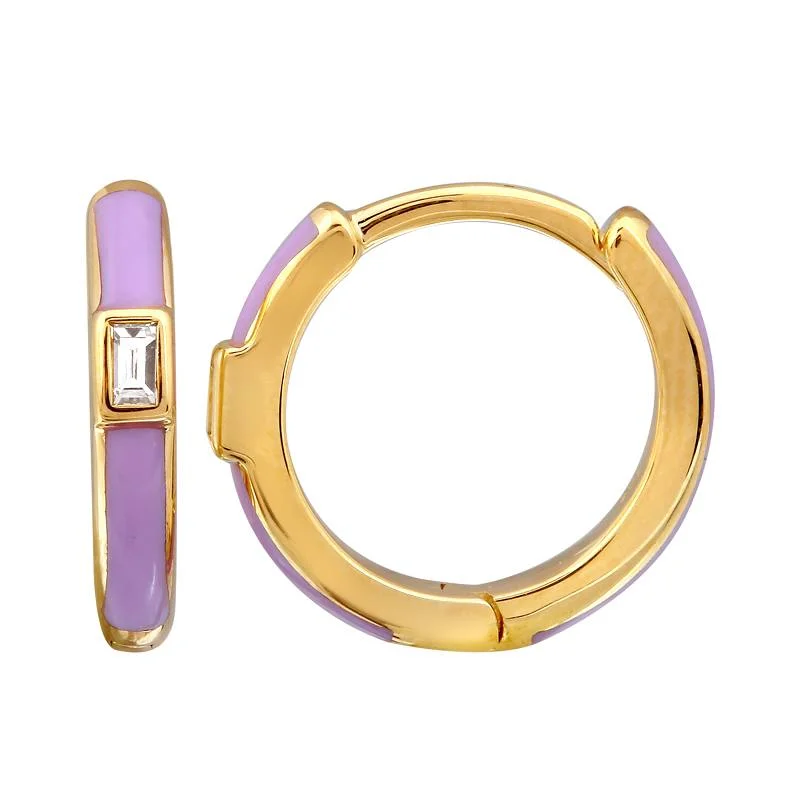 women's earrings with delicate detailing -14k Yellow Gold Lavender Enamel & Diamond Huggie Earrings