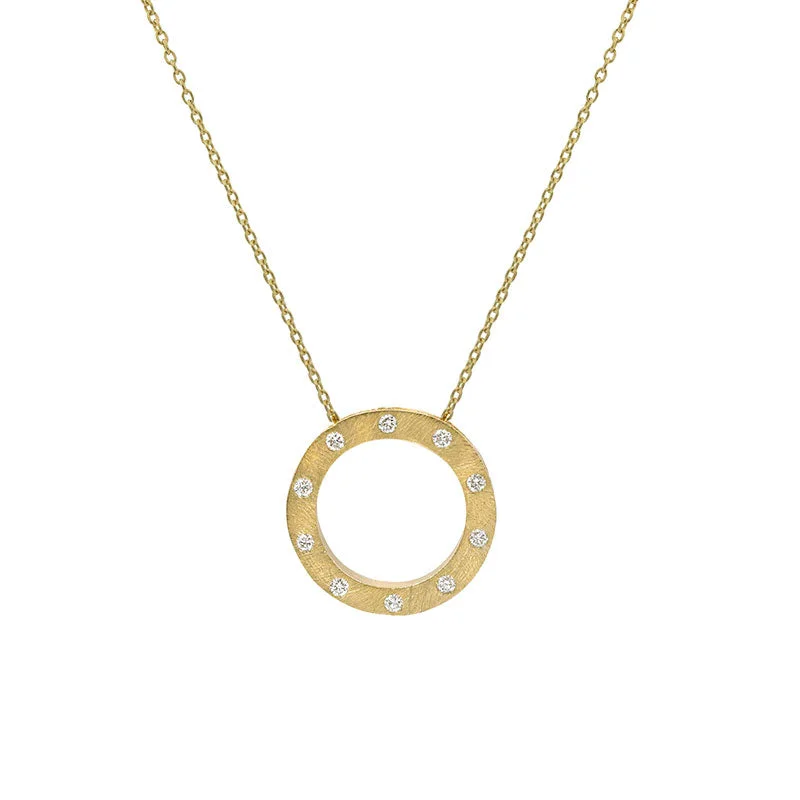 women's necklaces with contemporary look -18 Karat Yellow Gold Brushed Diamond Circle Pendant with