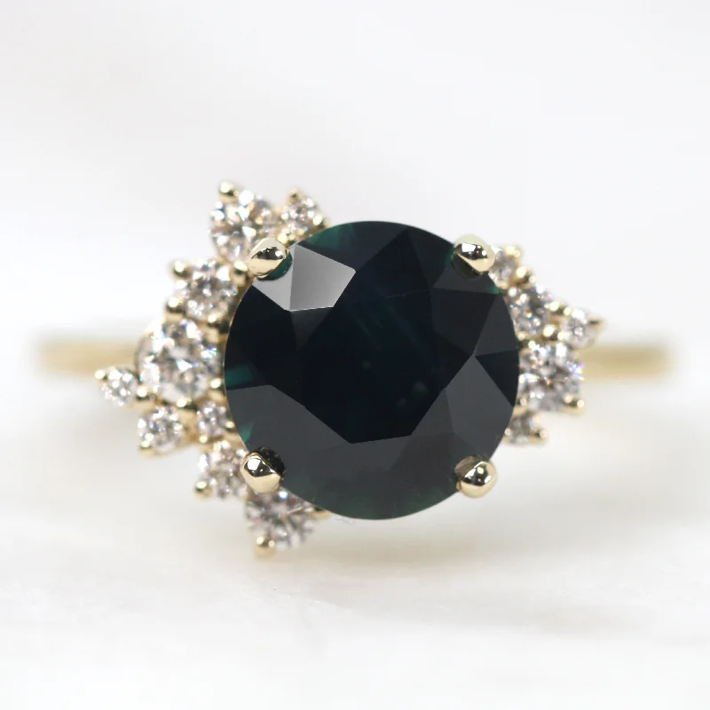 women's engagement rings with floating diamond -Orion Ring with a 2.50 Carat Round Dark Teal Sapphire and White Accent Diamonds in 14k Yellow Gold - Ready to Size and Ship