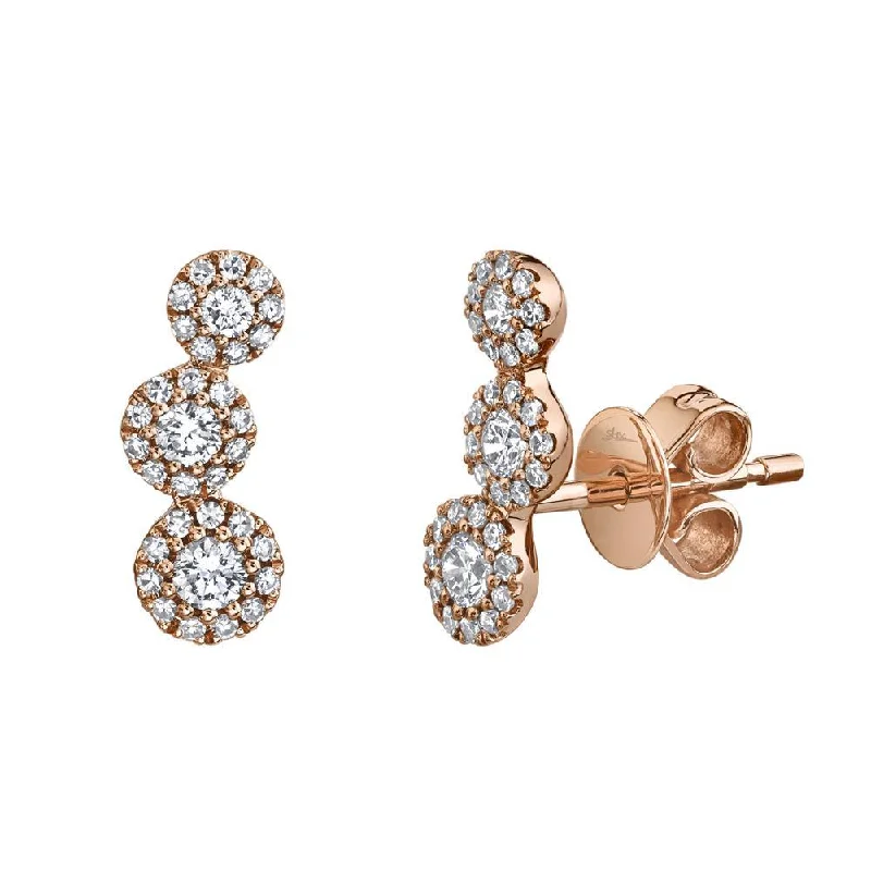 women's earrings with round diamonds -14K Rose Gold Diamond Triple Halo Ear Climbers