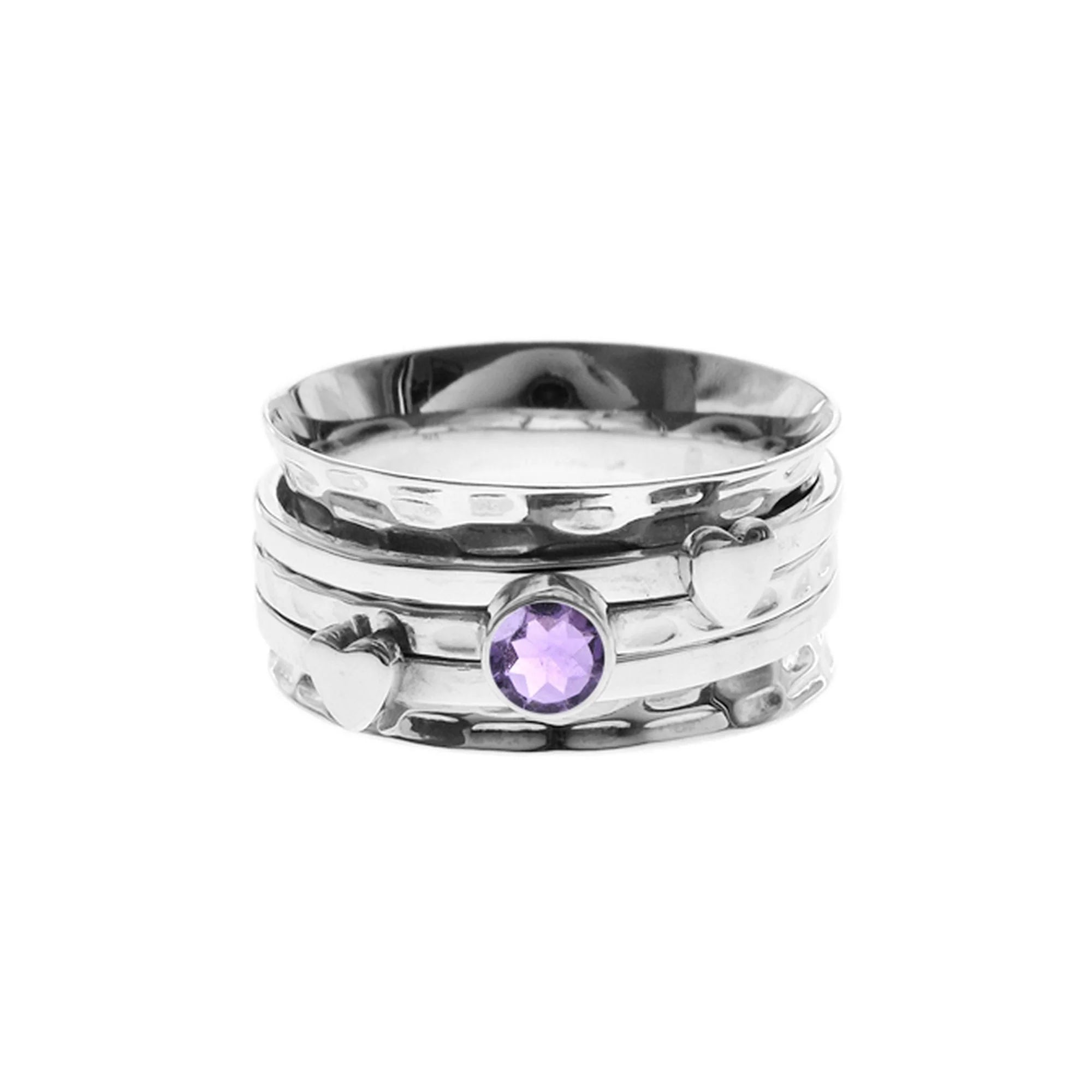 women's rings with yellow gold band -Amethyst Triple Band Spinning Ring with Hearts