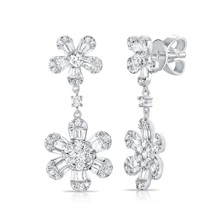 women's earrings with luxurious finish -14K White Gold Double Diamond Flower Earrings