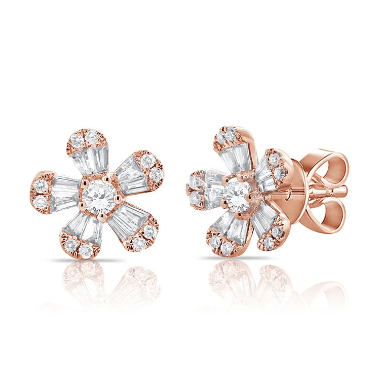 women's earrings with stud setting -14K Rose Gold Diamond Flower Stud Earrings (Small)