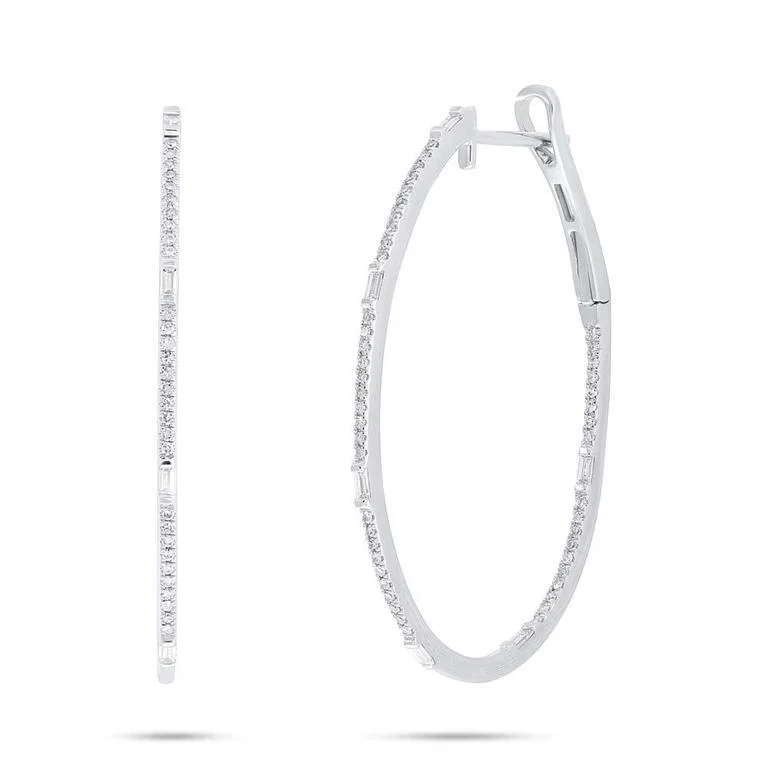 women's earrings with petite diamonds -14K White Gold Round and Baguette Diamond Oval Hoop Earrings