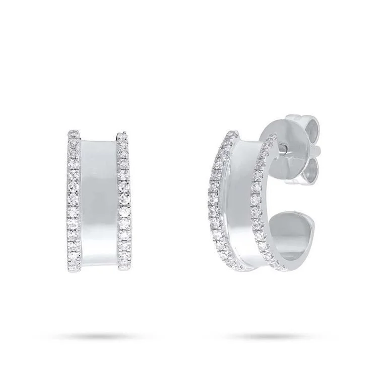 women's earrings with stud setting -14K White Gold Diamond Border Polished Huggie Earring