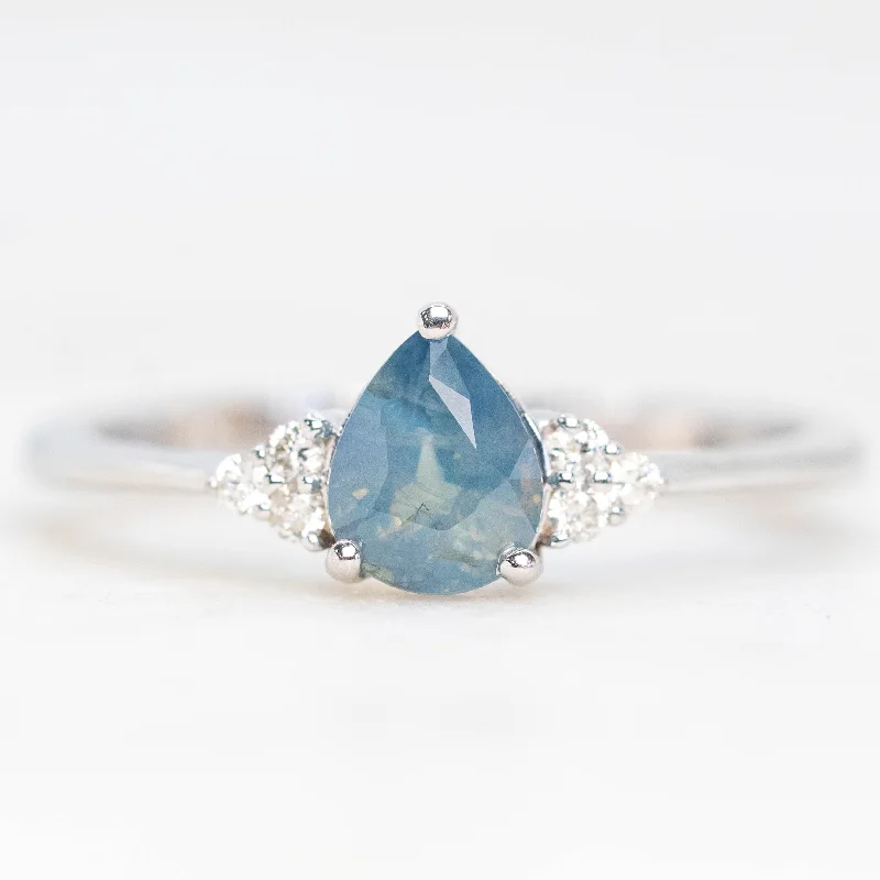 women's engagement rings with mixed metal band -Imogene Ring with a 0.77 Carat Opalescent Blue Pear Sapphire and White Accent Diamonds in 14k White Gold - Ready to Size and Ship