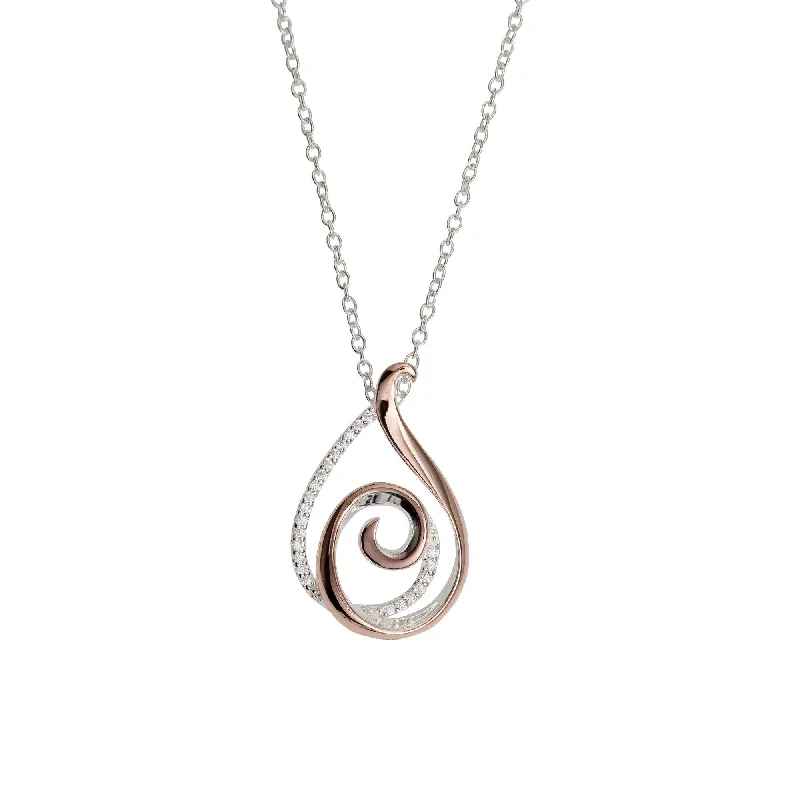 women's necklaces with multi-layered chain -Unique & Co Cubic Zirconia and 18ct Rose Gold Teardrop Swirl Pendant