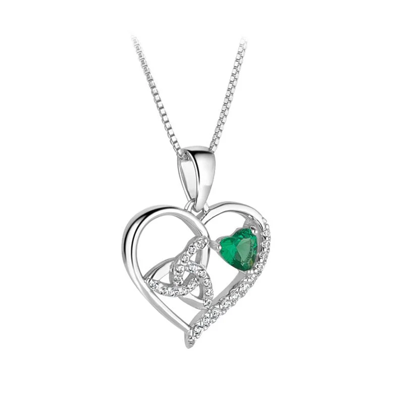 women's necklaces with multi-layered chain -Sterling Silver Trinity Knot and Green CZ Heart Pendant with Chain S47100