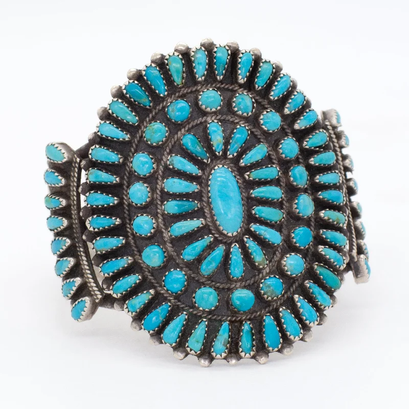 women's bracelets with large gemstone -Navajo Handmade Sterling Silver Turquoise Petit Point Cuff Bracelet (Hallmark Unknown)