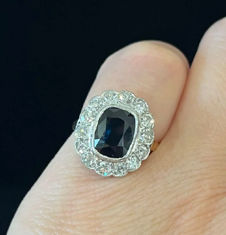 women's engagement rings with halo setting -1920s Cushion Cut Sapphire and Diamond Cluster Ring