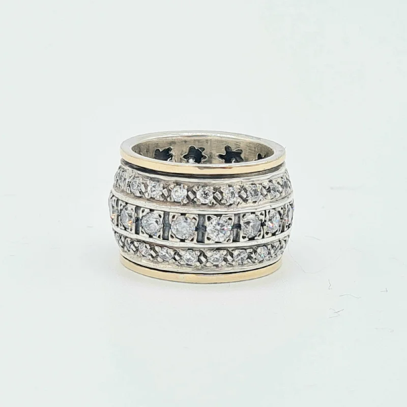 women's rings with engraved details -9ct Gold and Silver Cubic Zirconia Wide Spinning Ring