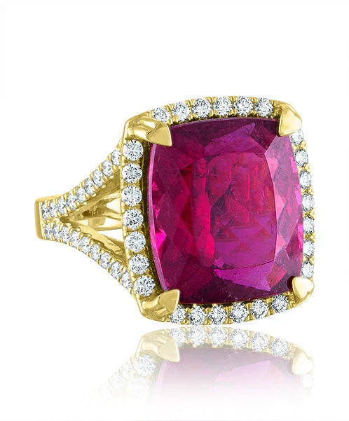 women's engagement rings with halo setting -Rubellite Cushion Shaped Ring with Diamonds 76