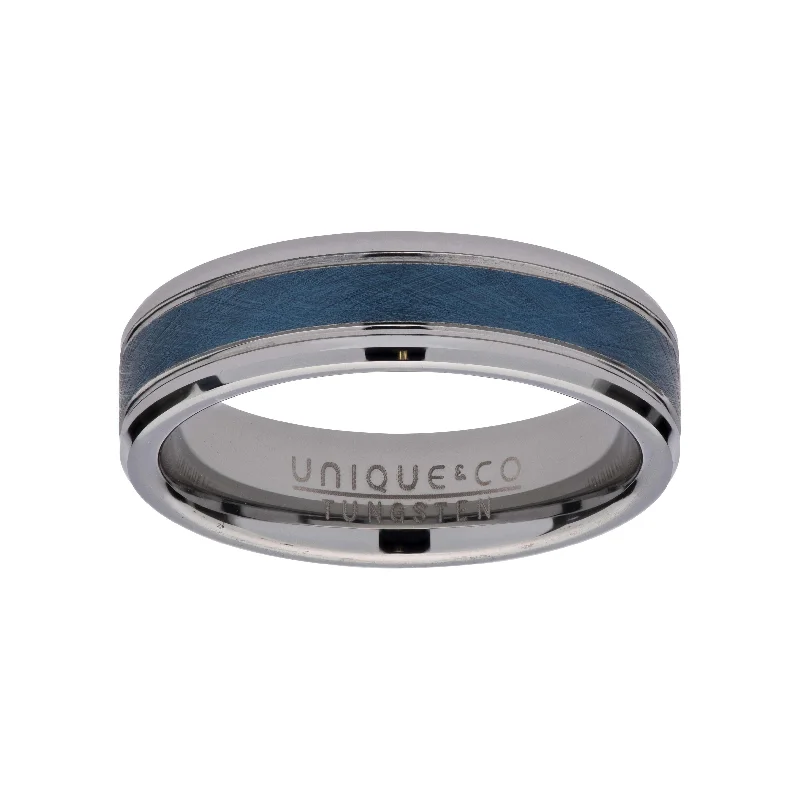 women's rings with open band -Unique & Co 7mm Tungsten Ring with Blue IP