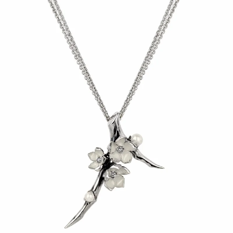 women's necklaces with luxury pendant -Cherry Blossom Branch Pendant - Silver, Diamond & Pearl