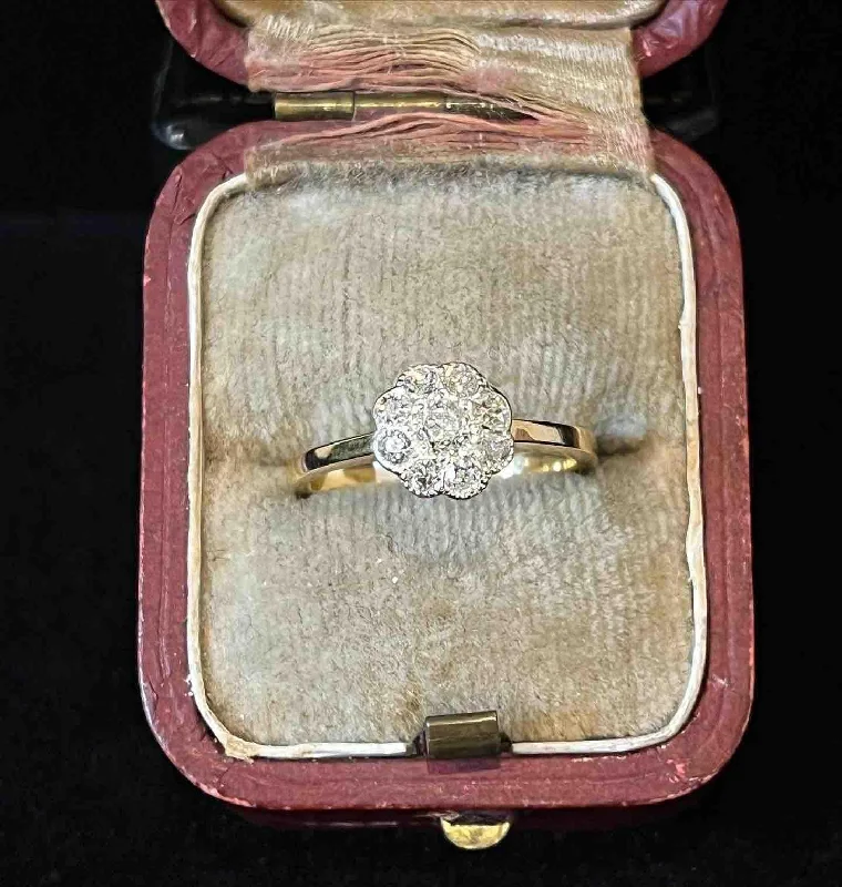 women's engagement rings with platinum band -1920s Old European Cut Diamond Daisy Cluster Ring