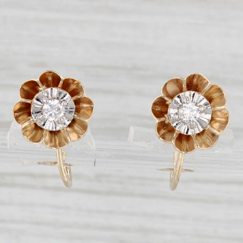 women's earrings with hammered finish -0.16ctw Diamond Flower Drop Earrings 14k Yellow Gold Non Pierced Screw Backs