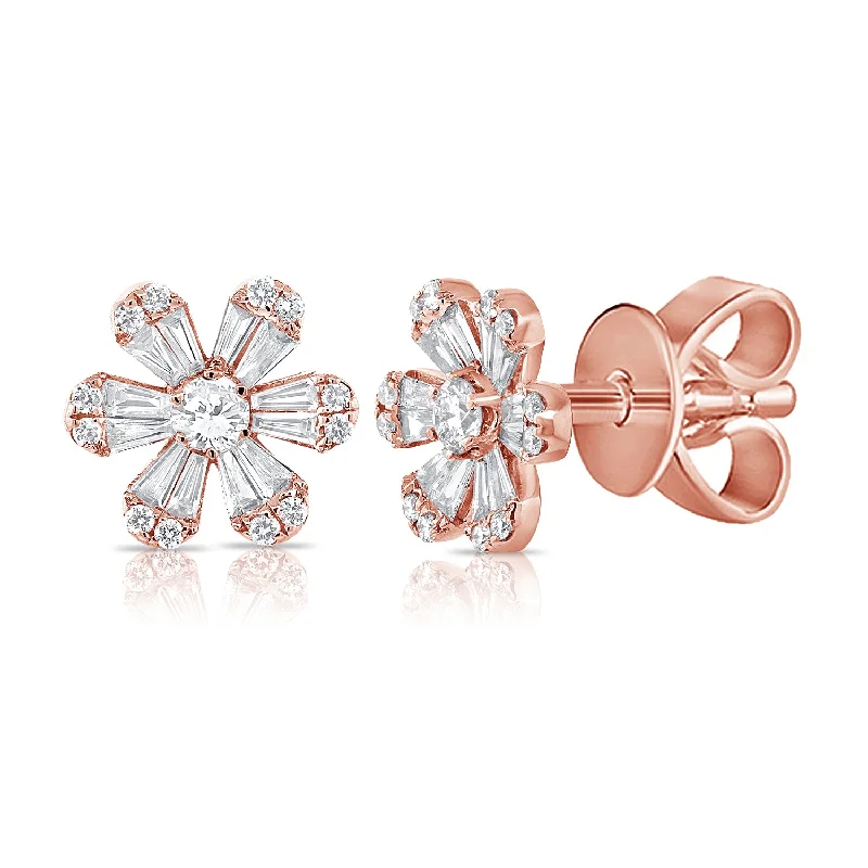 women's earrings with gemstone -14K Rose Gold Diamond Flower Stud Earrings