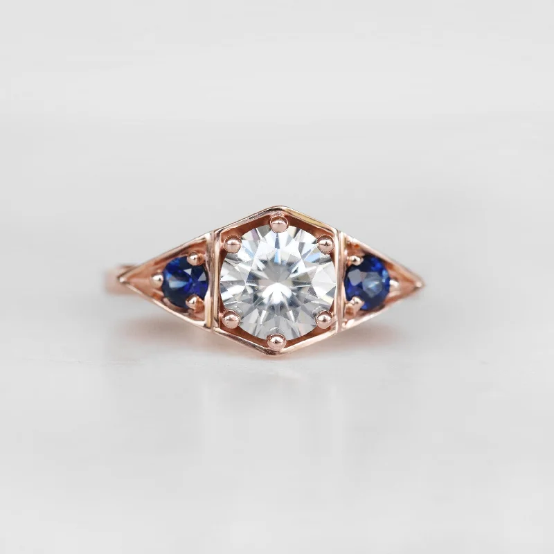 women's rings with gemstone halo -Cassia Ring with a Round Gray Moissanite and Blue Sapphire Accents in 10k Rose Gold - Ready to Size and Ship