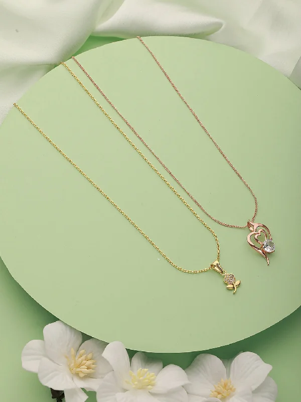 women's necklaces with engraved pendant -Set Of 2 Gold Plated & Rose-Gold Plated Cz-Studded Pendant With Chain