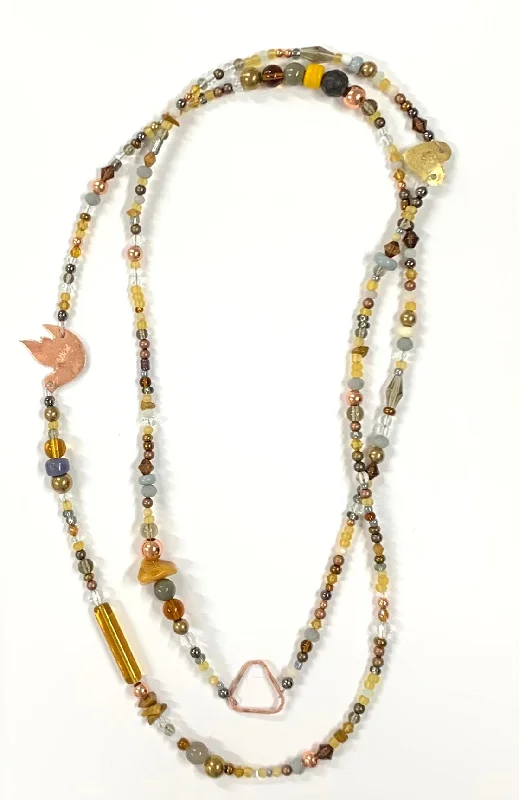 women's necklaces with round gemstone -Long mustard and grey glass and metal beads