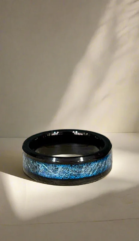 women's rings with traditional design -Unique & Co Tungsten Carbide and Meteorite Black/Blue Ring