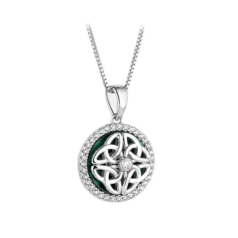 women's necklaces with sleek style -Sterling Silver Malachite Spinning Celtic Pendant with Chain S47102