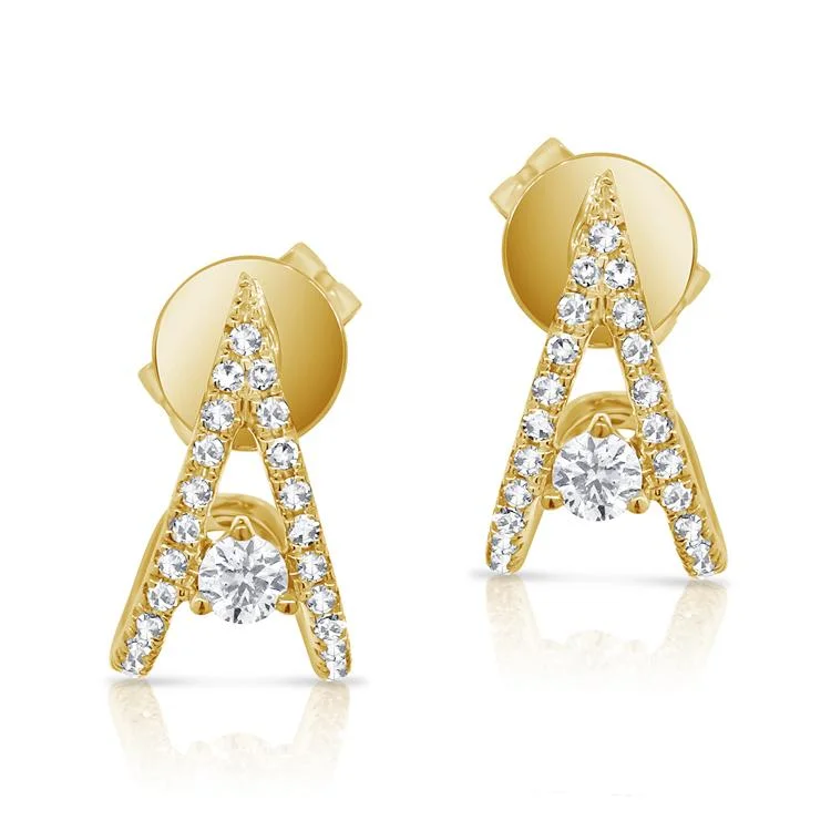 women's earrings with simple design -14K Yellow Gold Diamond "V" Style Huggie Earring